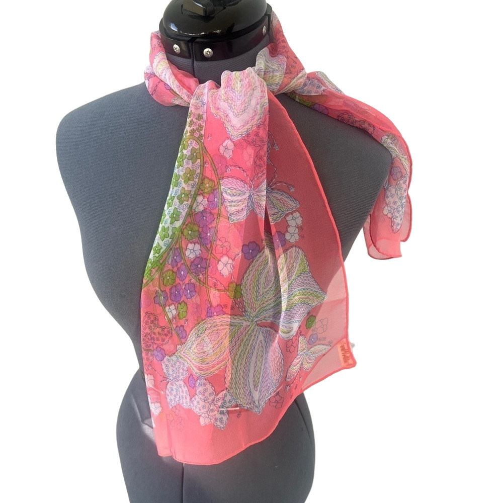 Vintage 1950-60’s Lady Heritage Pink Chiffon Butterflies Flowers Scarf